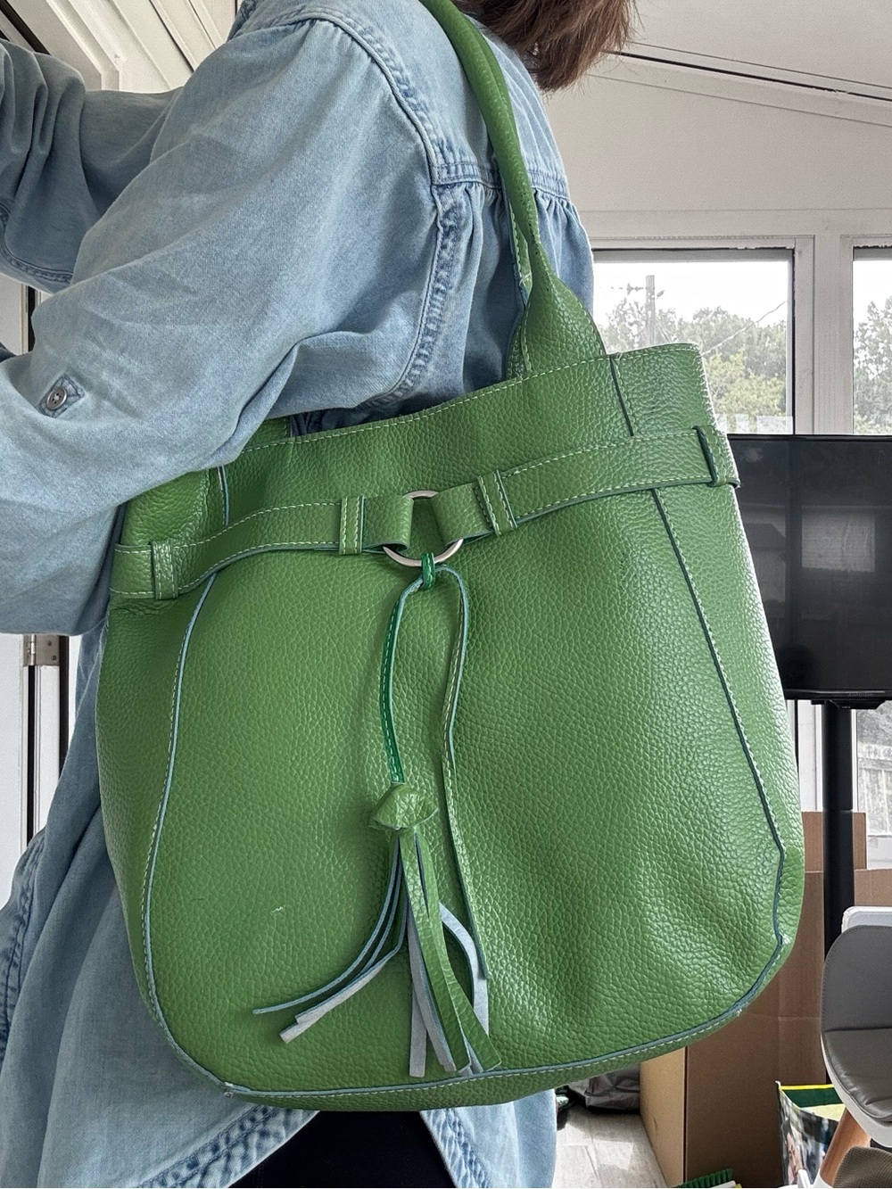 Pebbled Green Leather Tote with Tassel Detail